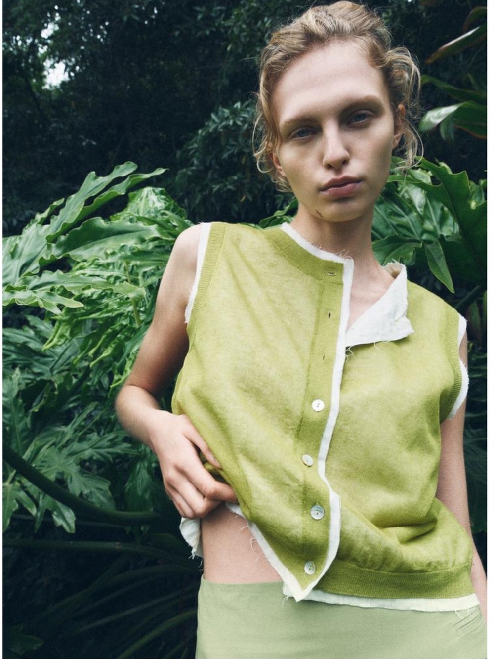 Zara Lime Green Sleeveless Button Front Top